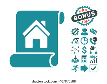 Realty Description Roll pictograph with bonus elements. Vector illustration style is flat iconic bicolor symbols, soft blue colors, white background.