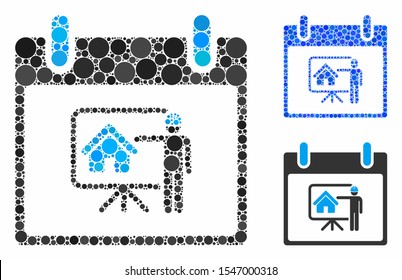 Realty developer calendar day composition of round dots in various sizes and color tinges, based on realty developer calendar day icon. Vector dots are combined into blue composition.