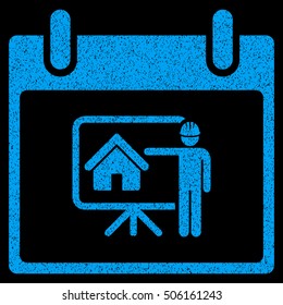 Realty Developer Calendar Day grainy textured icon for overlay watermark stamps. Flat symbol with dust texture. Dotted vector blue ink rubber seal stamp with grunge design on a black background.