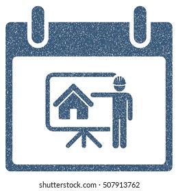 Realty Developer Calendar Day grainy textured icon for overlay watermark stamps. Flat symbol with unclean texture. Dotted vector blue ink rubber seal stamp with grunge design on a white background.