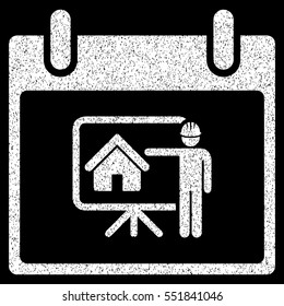 Realty Developer Calendar Day grainy textured icon for overlay watermark stamps. Flat symbol with dirty texture. Dotted vector white ink rubber seal stamp with grunge design on a black background.