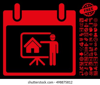 Realty Developer Calendar Day icon with bonus calendar and time management design elements. Vector illustration style is flat iconic symbols, red, black background.