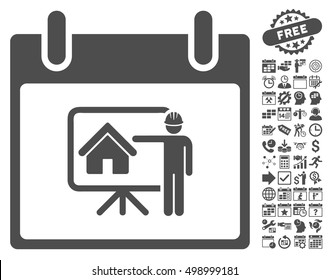 Realty Developer Calendar Day icon with bonus calendar and time management design elements. Vector illustration style is flat iconic symbols, gray, white background.