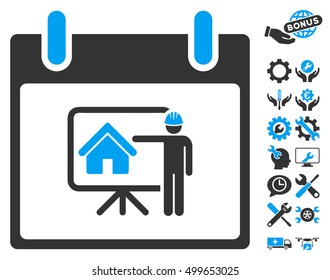 Realty Developer Calendar Day icon with bonus settings images. Vector illustration style is flat iconic symbols, blue and gray, white background.