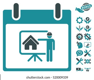 Realty Developer Calendar Day icon with bonus setup tools graphic icons. Vector illustration style is flat iconic symbols, soft blue, white background.