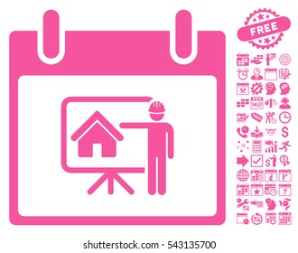 Realty Developer Calendar Day icon with bonus calendar and time management graphic icons. Vector illustration style is flat iconic symbols, pink, white background.