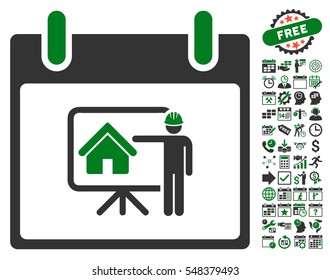 Realty Developer Calendar Day icon with bonus calendar and time management pictures. Vector illustration style is flat iconic symbols, green and gray, white background.
