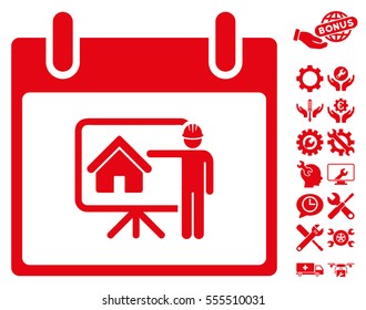 Realty Developer Calendar Day icon with bonus options pictograms. Vector illustration style is flat iconic symbols, red, white background.