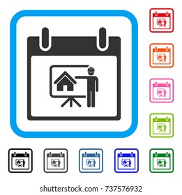 Realty Developer Calendar Day icon. Flat grey pictogram symbol inside a light blue rounded square. Black, gray, green, blue, red, orange color variants of Realty Developer Calendar Day vector.
