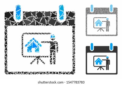 Realty developer calendar day mosaic of raggy elements in variable sizes and color hues, based on realty developer calendar day icon. Vector tuberous elements are organized into mosaic.