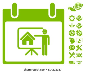 Realty Developer Calendar Day pictograph with bonus options images. Vector illustration style is flat iconic symbols, eco green, white background.