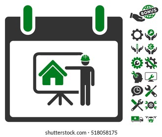 Realty Developer Calendar Day pictograph with bonus settings icon set. Vector illustration style is flat iconic symbols, green and gray, white background.