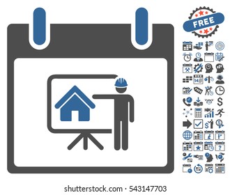 Realty Developer Calendar Day pictograph with bonus calendar and time management clip art. Vector illustration style is flat iconic symbols, cobalt and gray, white background.
