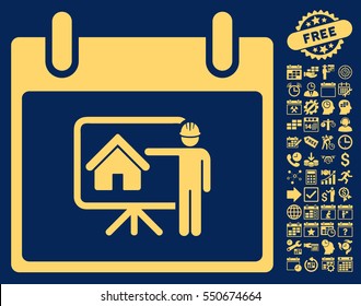 Realty Developer Calendar Day pictograph with bonus calendar and time management symbols. Vector illustration style is flat iconic symbols, yellow, blue background.