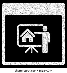 Realty Developer Calendar Page grainy textured icon for overlay watermark stamps. Flat symbol with dirty texture. Dotted vector white ink rubber seal stamp with grunge design on a black background.