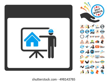 Realty Developer Calendar Page icon with bonus calendar and time management symbols. Vector illustration style is flat iconic symbols, blue and gray colors, white background.