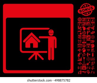 Realty Developer Calendar Page icon with bonus calendar and time management pictograph collection. Vector illustration style is flat iconic symbols, red, black background.