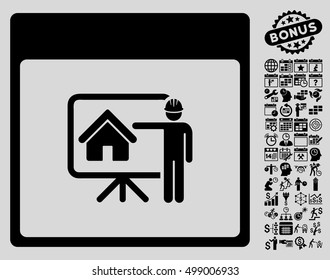 Realty Developer Calendar Page icon with bonus calendar and time management pictures. Vector illustration style is flat iconic symbols, black, light gray background.