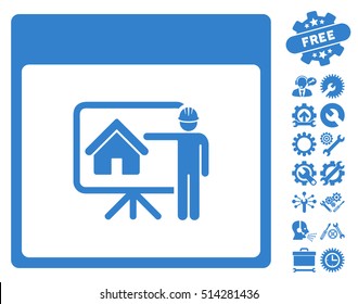 Realty Developer Calendar Page icon with bonus options pictures. Vector illustration style is flat iconic symbols, cobalt, white background.
