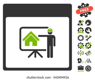 Realty Developer Calendar Page icon with bonus configuration clip art. Vector illustration style is flat iconic symbols, eco green and gray, white background.