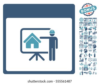Realty Developer Calendar Page icon with bonus calendar and time management pictures. Vector illustration style is flat iconic symbols, cyan and blue, white background.