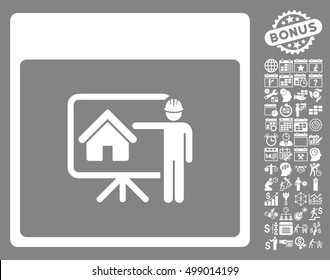 Realty Developer Calendar Page pictograph with bonus calendar and time management graphic icons. Vector illustration style is flat iconic symbols, white, gray background.