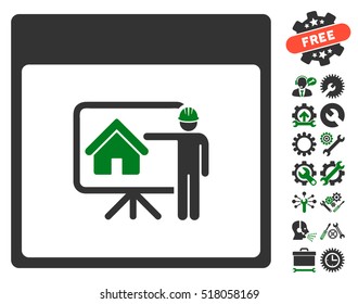 Realty Developer Calendar Page pictograph with bonus settings design elements. Vector illustration style is flat iconic symbols, green and gray, white background.