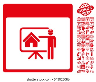 Realty Developer Calendar Page pictograph with bonus calendar and time management images. Vector illustration style is flat iconic symbols, red, white background.