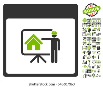 Realty Developer Calendar Page pictograph with bonus calendar and time management pictograph collection. Vector illustration style is flat iconic symbols, eco green and gray, white background.