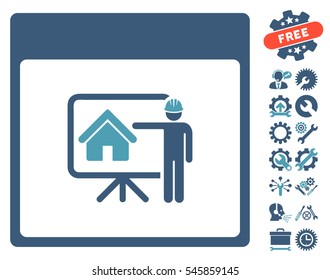 Realty Developer Calendar Page pictograph with bonus tools symbols. Vector illustration style is flat iconic symbols, cyan and blue, white background.