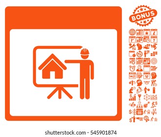 Realty Developer Calendar Page pictograph with bonus calendar and time management images. Vector illustration style is flat iconic symbols, orange, white background.