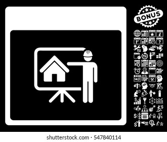 Realty Developer Calendar Page pictograph with bonus calendar and time management icon set. Vector illustration style is flat iconic symbols, white, black background.