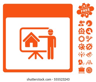 Realty Developer Calendar Page pictograph with bonus options images. Vector illustration style is flat iconic symbols, orange, white background.