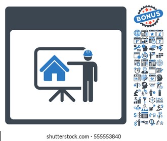 Realty Developer Calendar Page pictograph with bonus calendar and time management symbols. Vector illustration style is flat iconic symbols, smooth blue, white background.