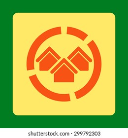 Realty diagram icon. Vector style is orange and yellow colors, flat rounded square button on a green background.