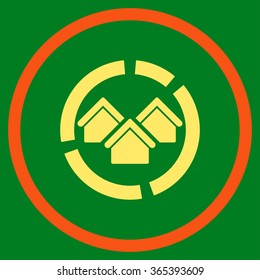 Realty Diagram vector icon. Style is bicolor flat circled symbol, orange and yellow colors, rounded angles, green background.