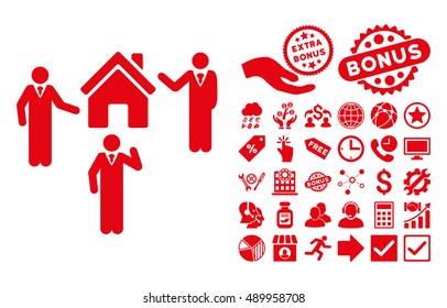 Realty Discuss Persons icon with bonus pictograph collection. Vector illustration style is flat iconic symbols, red color, white background.