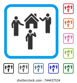 Realty Discuss Persons icon. Flat gray pictogram symbol inside a blue rounded squared frame. Black, gray, green, blue, red, orange color variants of Realty Discuss Persons vector.
