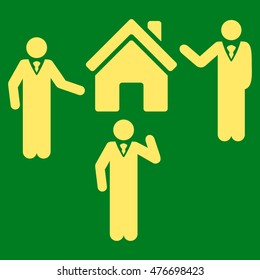 Realty Discuss Persons icon. Vector style is flat iconic symbol, yellow color, green background.