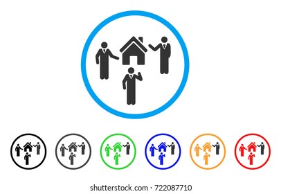 Realty Discuss Persons rounded icon. Style is a flat realty discuss persons grey symbol inside light blue circle with black, gray, green, blue, red, orange variants.