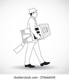 Realty estate young man with new home owner black and white. Monochrome vector illustration. EPS8