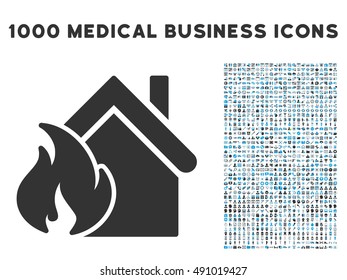 Realty Fire Disaster icon with 1000 medical commerce gray and blue vector pictograms. Clipart style is flat bicolor symbols, white background.