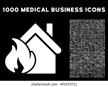 Realty Fire Disaster icon with 1000 medical business white vector pictograms. Collection style is flat symbols, black background.