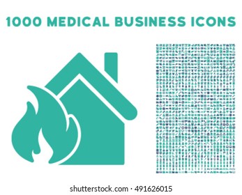Realty Fire Disaster icon with 1000 medical business cobalt and cyan vector pictographs. Collection style is flat bicolor symbols, white background.