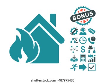 Realty Fire Disaster icon with bonus images. Vector illustration style is flat iconic bicolor symbols, soft blue colors, white background.