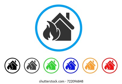 Realty Fire Disaster rounded icon. Style is a flat realty fire disaster grey symbol inside light blue circle with black, gray, green, blue, red, orange variants.