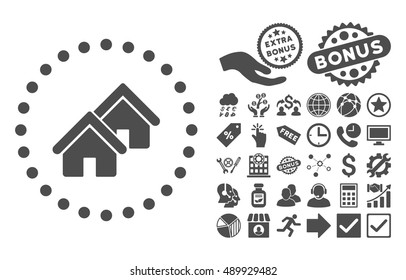 Realty icon with bonus clip art. Vector illustration style is flat iconic symbols, gray color, white background.