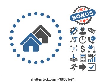 Realty icon with bonus design elements. Vector illustration style is flat iconic bicolor symbols, cobalt and gray colors, white background.
