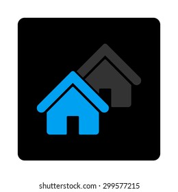 Realty icon. Vector style is bicolor flat symbol, gray and light blue colors, black rounded square button, white background.