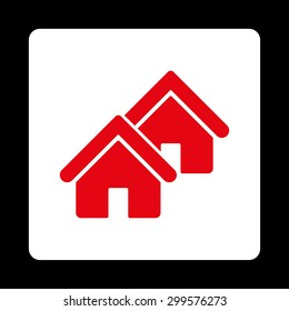 Realty icon. Vector style is red and white colors, flat rounded square button on a black background.